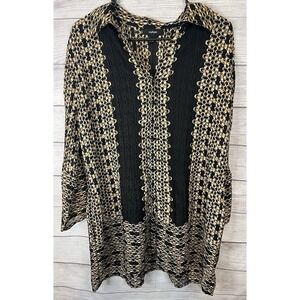 Alfani Sheer Chain Print Blouse Women's Size 14 Black Gold‎ Button Front Top